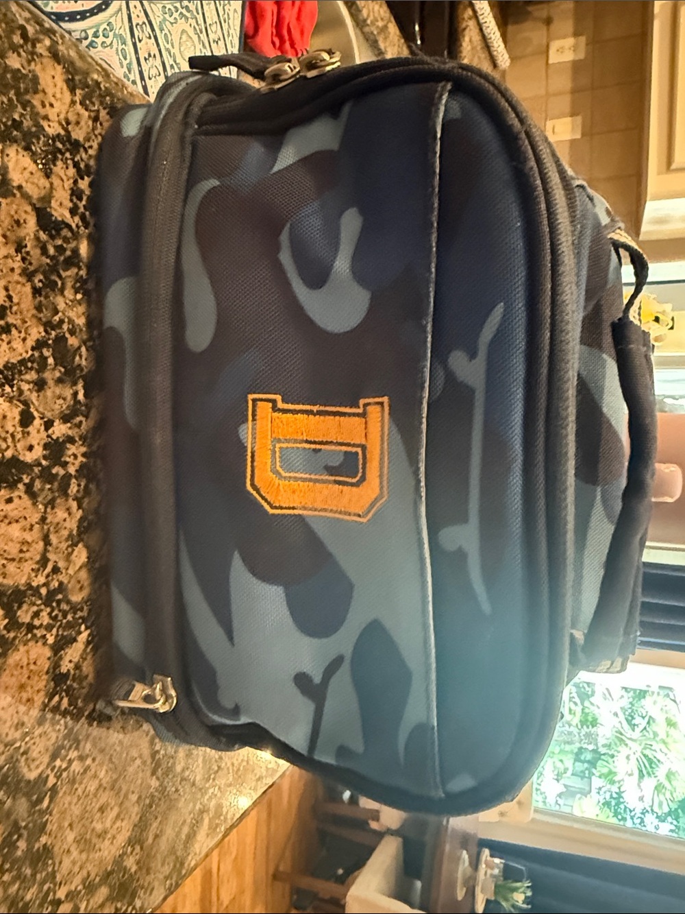 Pottery Barn Kids Camo lunch box with Embroidered Patch “D”